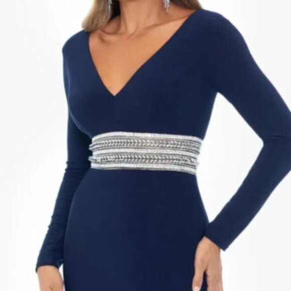 Xscape Navy Blue Rhinestone Embellished Long Sleeve Gown - Picture 5 of 5